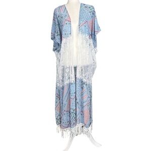 Gigio Umgee Med Duster Kimono Patch Print Floral Lace Print Fringe Boho Festival